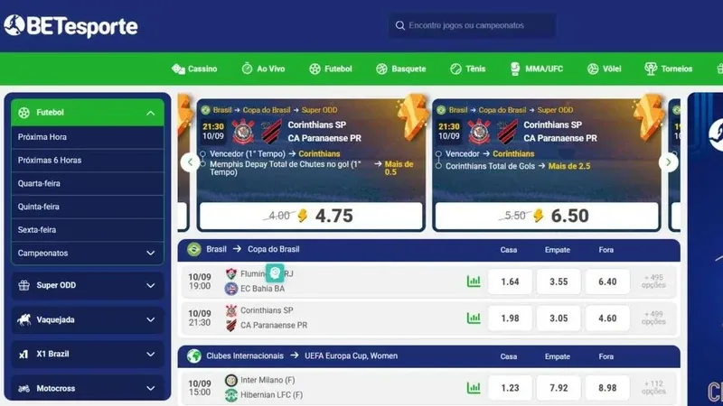 Página inicial da BETesporte com menu de cassino, ao vivo e esportes