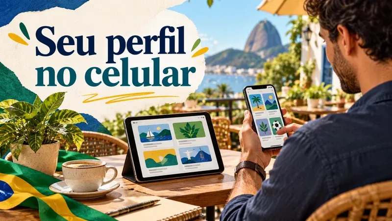 Homem navega pelo celular em um café com vista para o Pão de Açúcar