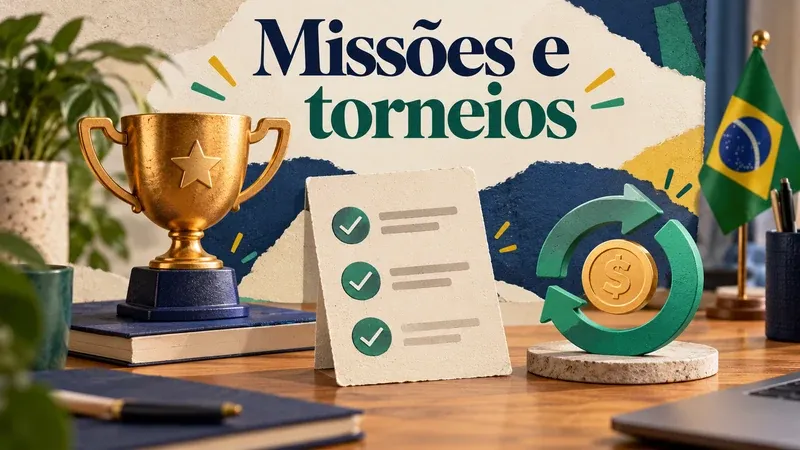 Troféu, lista de tarefas concluídas e moeda com setas de cashback sobre a mesa