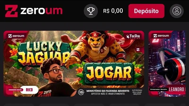 Página inicial da Zeroum Bet com o slot Lucky Jaguar em destaque